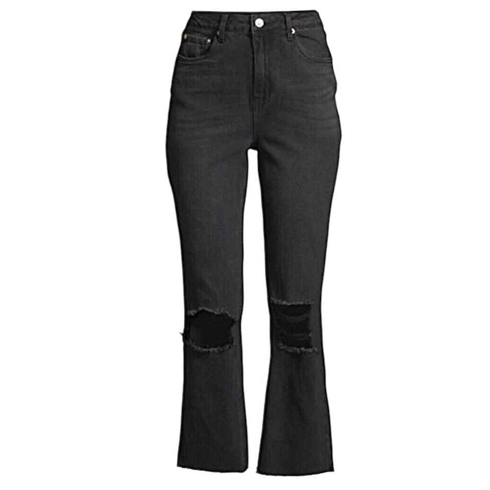 Avec Les Filles High Rise Distressed Black Cropped Flare Denim Jeans Size 27